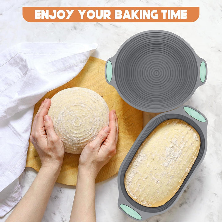 Sauerteig Starter Set zum Brot Backen, Gärkorb Set aus 2er Faltbar Gärkörbchen Silikon, 2er Teigscha