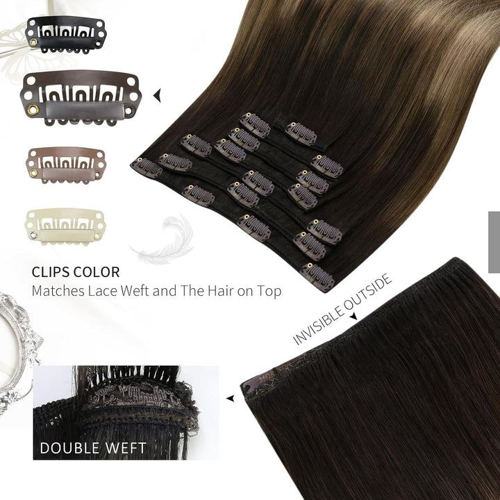 Moresoo Clip in Extensions Echthaar Balayage Braun mit Dunkelblond Remy Echthaar Extensions Clip 45c