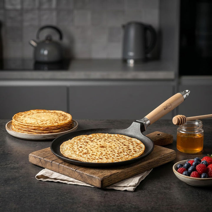 Premium Crêpepfanne Induktion 24 cm Pfannkuchenpfanne Pfanne Gusseisen UNBESCHICHTET sandgestrahlt u