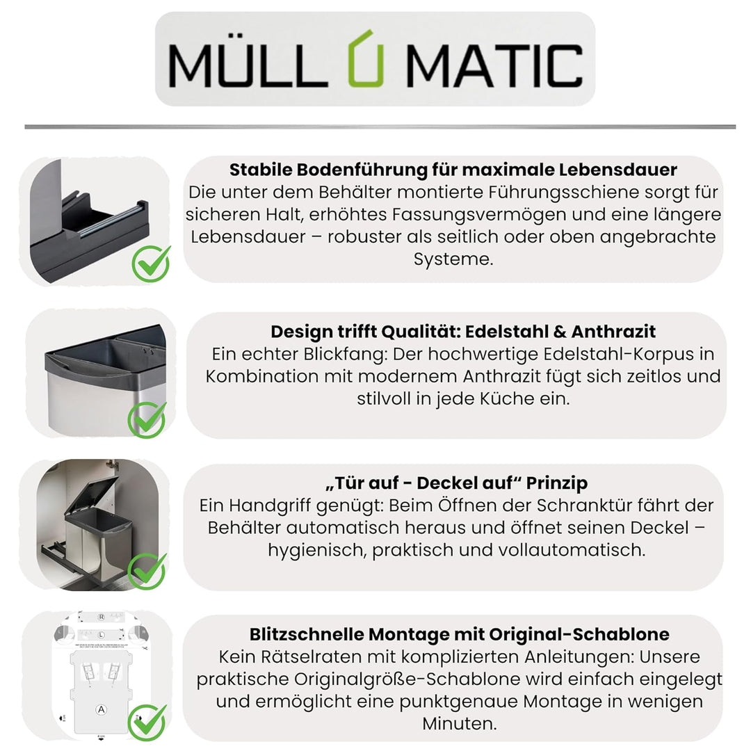Ausziehbarer SMART Einbaumülleimer Edelstahl & Kunststoff, Abfalleimer, Mülleimer „Müllomatic PRO 2“