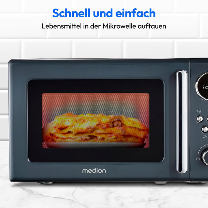 MEDION Retro Mikrowelle klein (20 Liter, ca. 800 Watt, 5 Mikrowellenstufen, 8 Automatikprogramme, Di