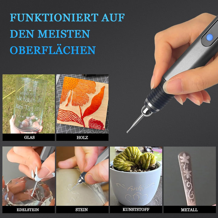 Gravierstift Kit Wiederaufladierbar mit 33 Bits 10 Schablonen Mini Graveur Gravurwerkzeug Zu 21000 U