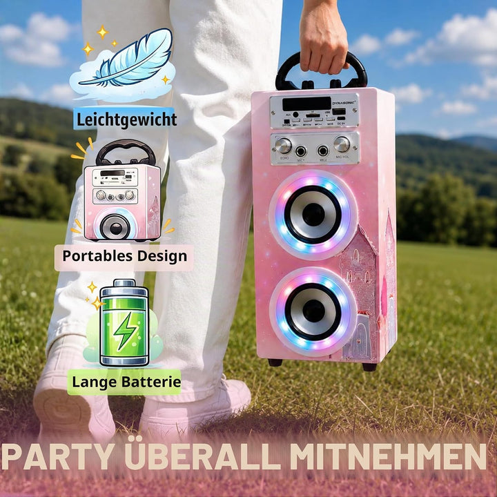 DYNASONIC Karaoke mit 2 Mikrofonen, tragbarer Karaoke-Maschine, Bluetooth-Lautsprecher, USB- und SD-