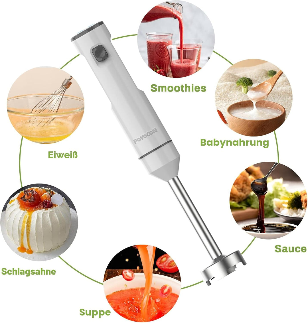 POYOCOM Akku-Stabmixer, kabelloser Stabmixer mit TYP-C-Kabel, Schneebesen für Smoothies, Milchshakes