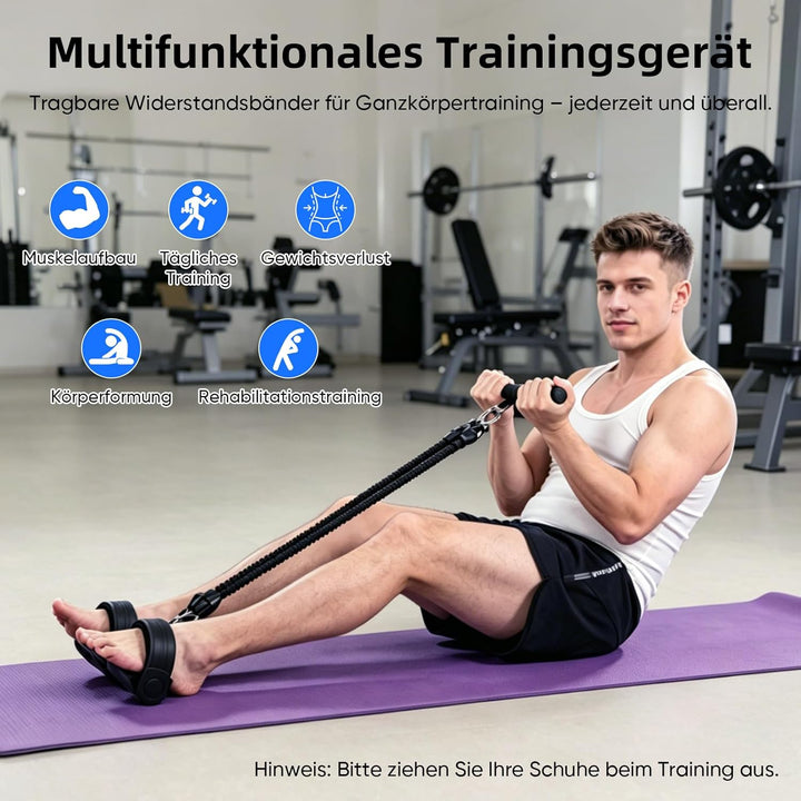 Sit-Up Trainingsgeräte, 45kg Bauchtrainer mit Gummigriffen und 6 Tubes Elastische Zugseil, Einstellb