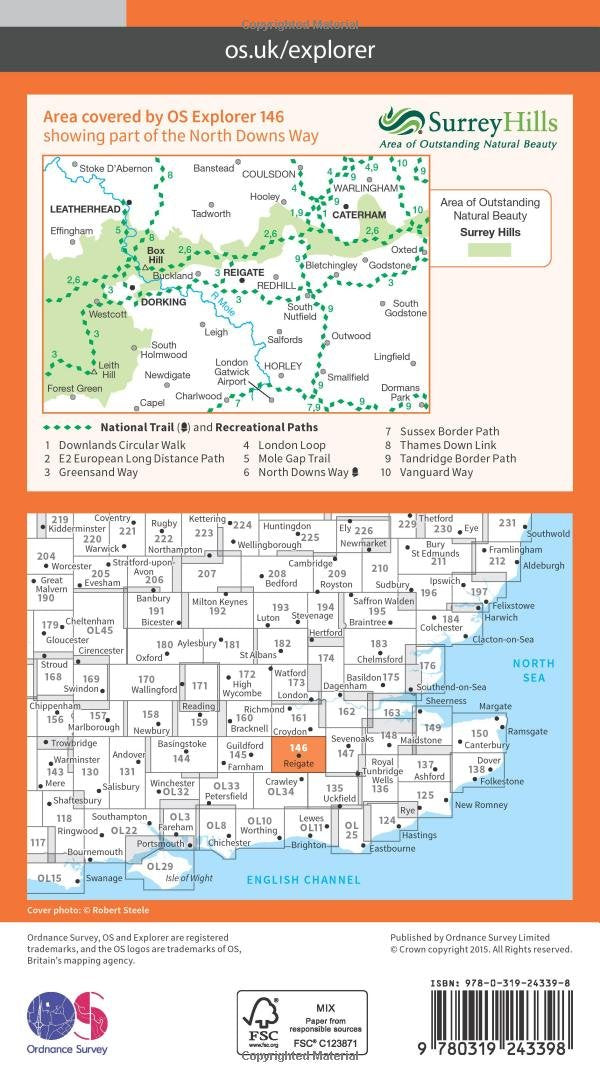 Dorking, Box Hill and Reigate (OS Explorer Map, Band 146), Karte