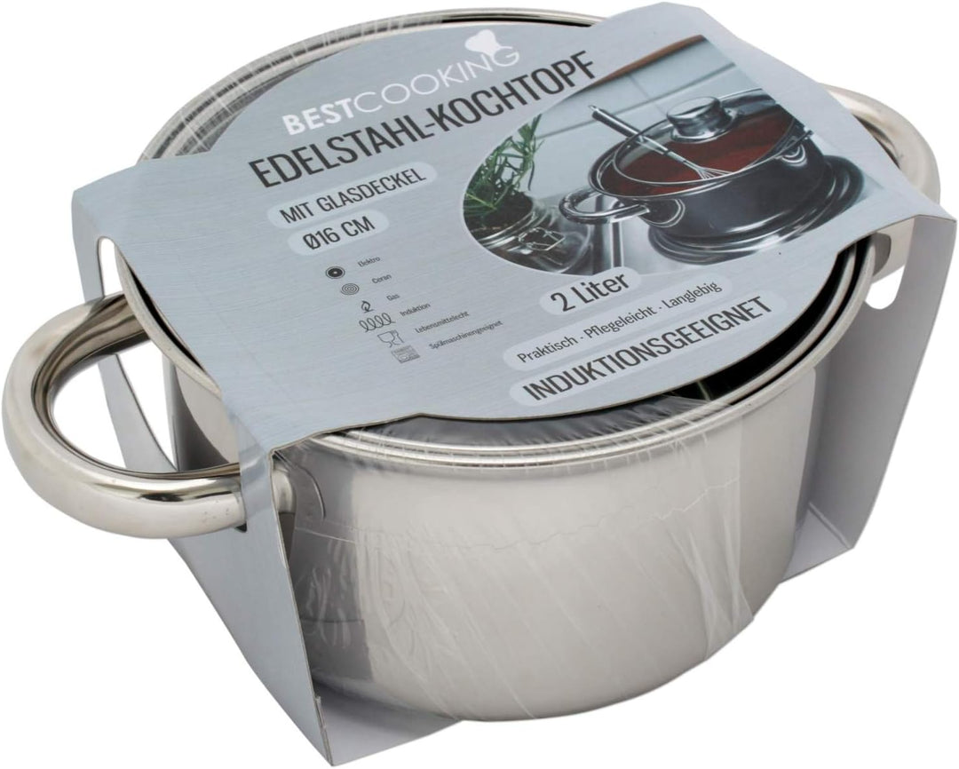 BESTCOOKING Kochtopf Edelstahl mit Glasdeckel 2 L 16 cm Topf Kochen