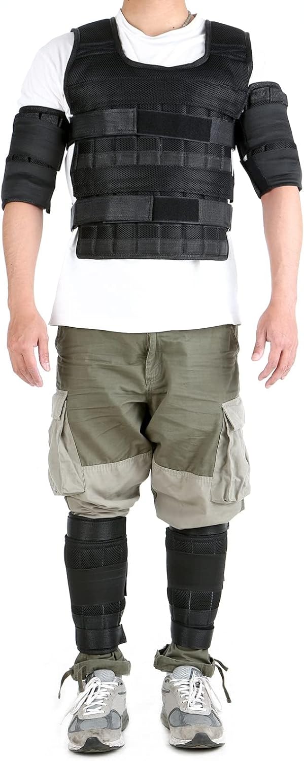 35kg Gewichtsweste mit 6kg Bein- und 5kg Armgewichten, Verstellbare Trainingweste mit 32 Taschen, Me