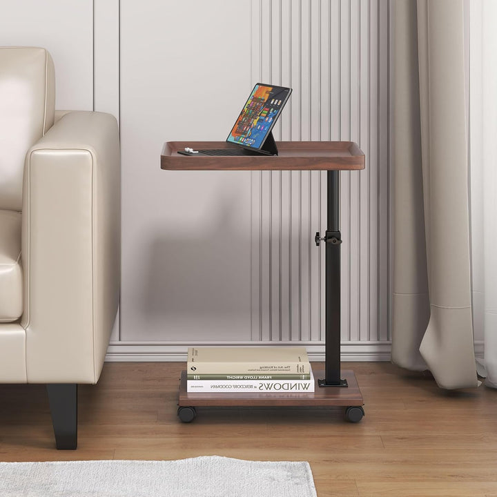 Beistelltisch c Form Höhenverstellbar mit Rollen, 360° Rotierend Couch Beistelltisch Holz Sofatisch,
