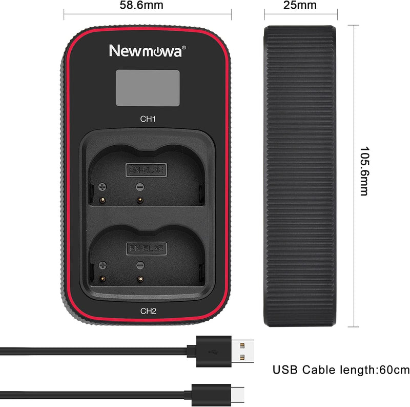 Newmowa EN-EL3 Ersatzakku (2er-Pack) und Smart LCD Display Dual USB-Ladegerät für Nikon EN-EL3 und N