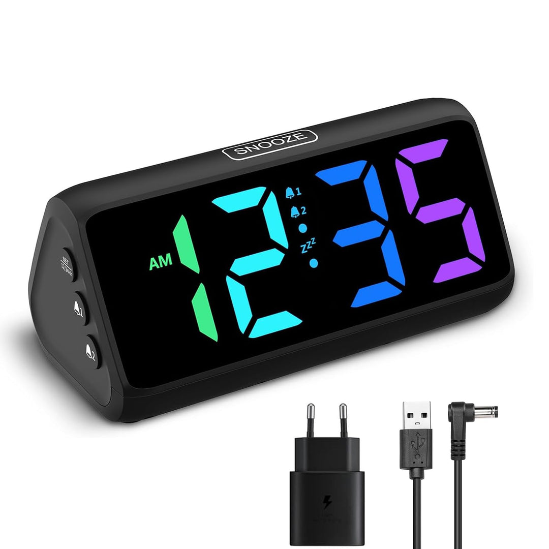 Lauter Wecker für Tiefschläfer, Wecker Digital mit Bunte Display, Doppelalarm, 5 Helligkeitsdimmer,