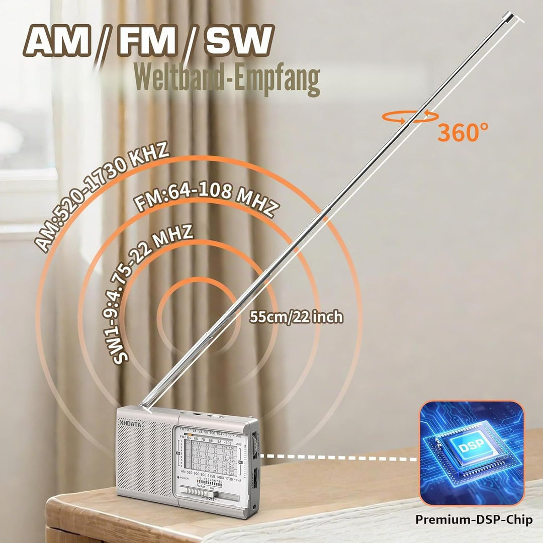 XHDATA D219 Tragbares Radio Retro FM AM SW Radio Batteriebetrieben für Haushalt Outdoor Camping Wand