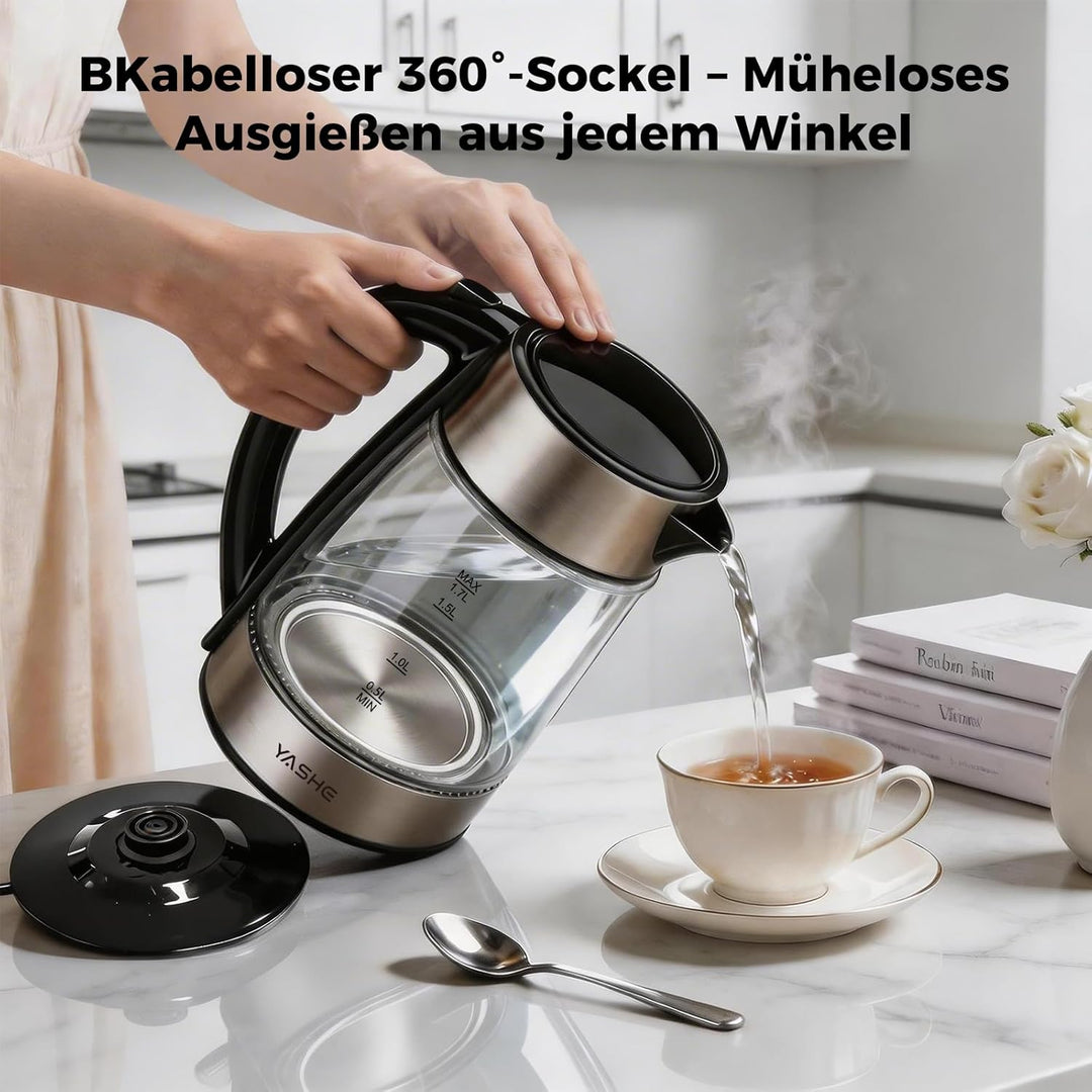 YASHE Wasserkocher mit Temperaturwahl 1,7L, 2200W Schneller Elektrischer Wasserkocher Glaswasserkoch