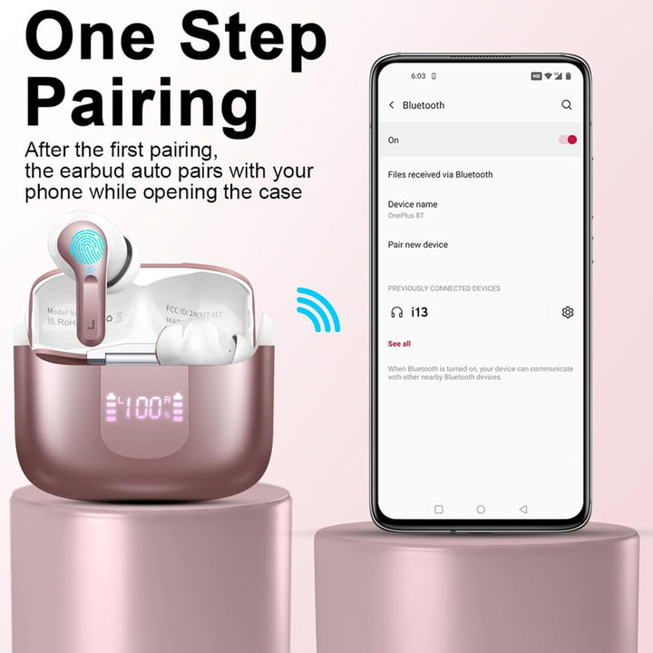 Ordtop Kopfhörer Kabellos Bluetooth, Stereo Tiefer Bass Wireless Earbud, ENC Noise Cancelling Mic, U