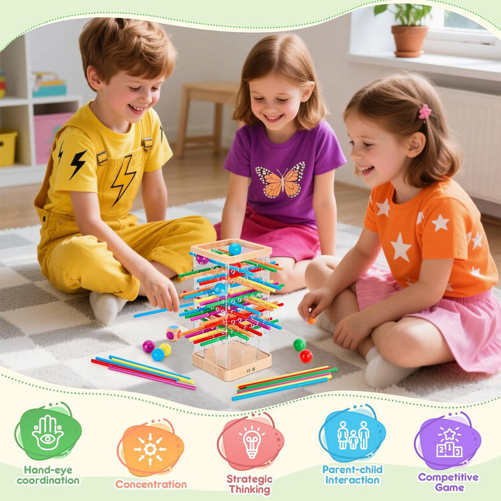 Montessori Spiel Brettspiel aus Holz, 48 Bunte Stäbchen Würfelspiel zur Feinmotorik & Mathe, Lernspi