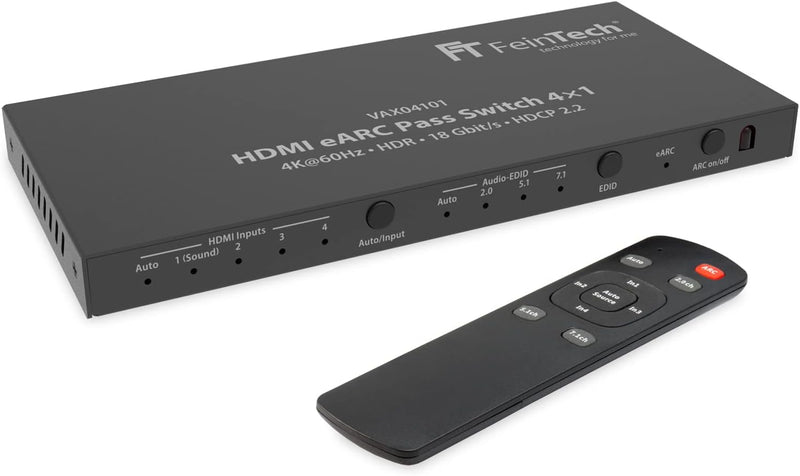 FeinTech VAX04101A HDMI eARC Pass Switch 4x1, für 3 HDMI-Quellen, Soundbar und TV Beamer 4K HDR Dolb