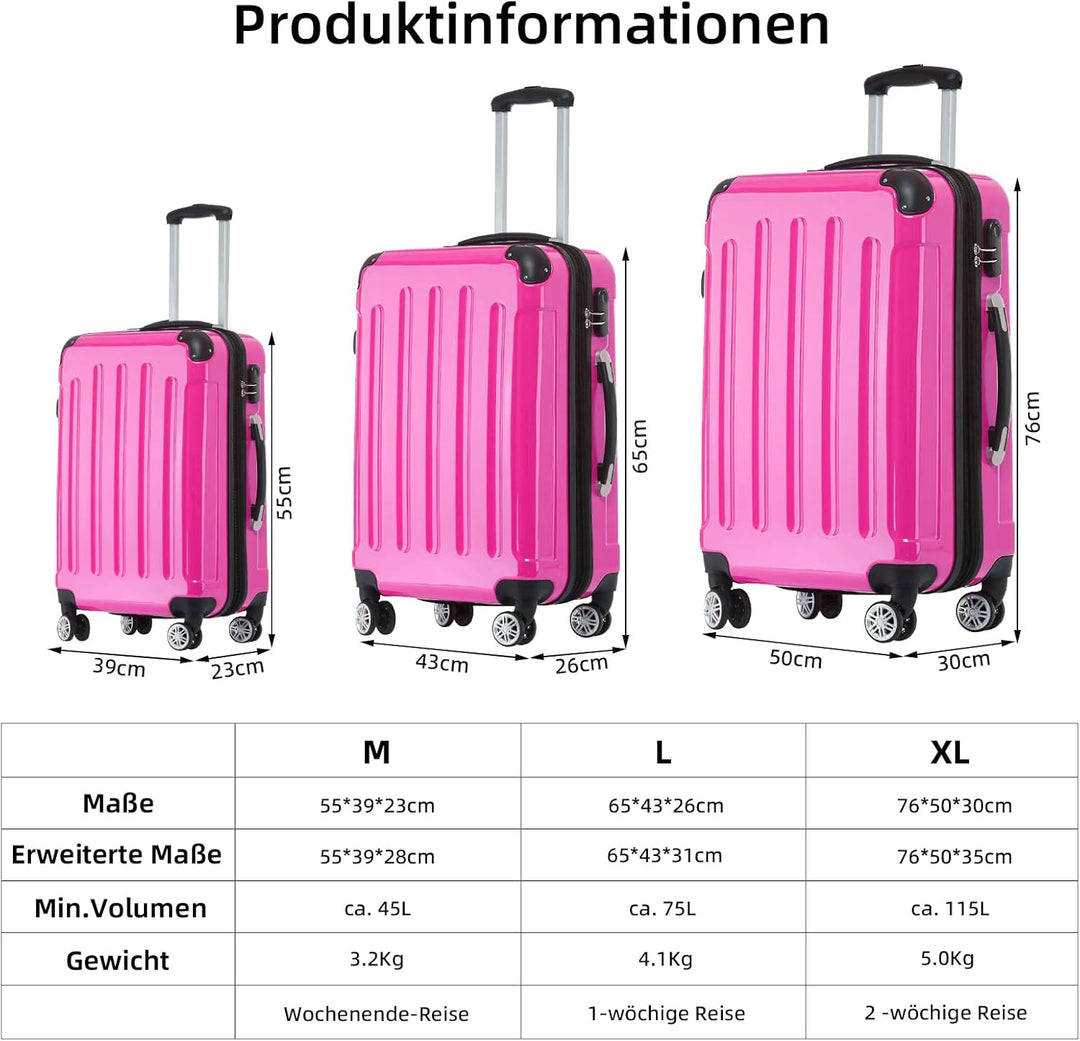 BEIBYE- 3er Kofferset Hartschalen-Koffer Reisekoffer Trolley Rollkoffer Set Reisekofferset (Pink), P