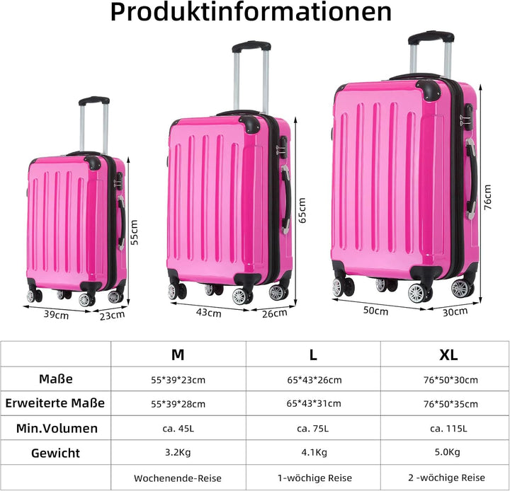 BEIBYE- 3er Kofferset Hartschalen-Koffer Reisekoffer Trolley Rollkoffer Set Reisekofferset (Pink), P
