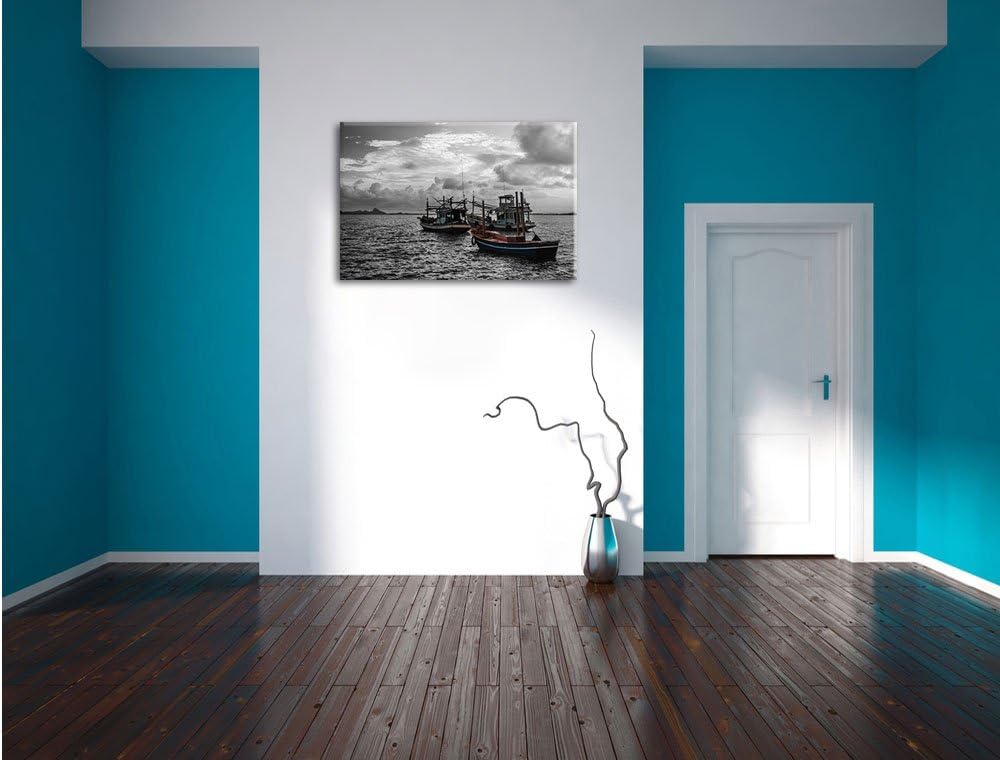 Pixxprint thailändische Fischerboote im Meer B&W Detail, Format: 100x70 auf Leinwand, XXL riesige Bi
