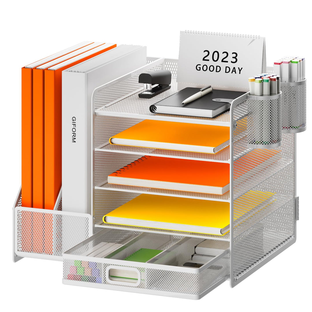 Schreibtisch Organizer mit Aktenhalter, 5-stufiger Papier Organizer mit Schublade und 2 Stifthaltern