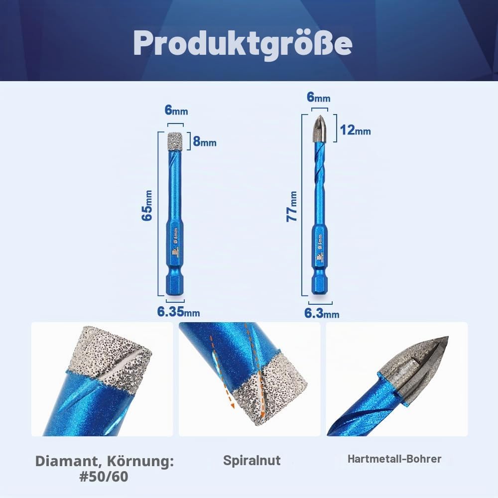 Diamantbohrer Fliesenbohrer Set 6mm - BRSCHNITT 5 Stück Sechskant-Schaft fliesenbohrer set- Lochsäge