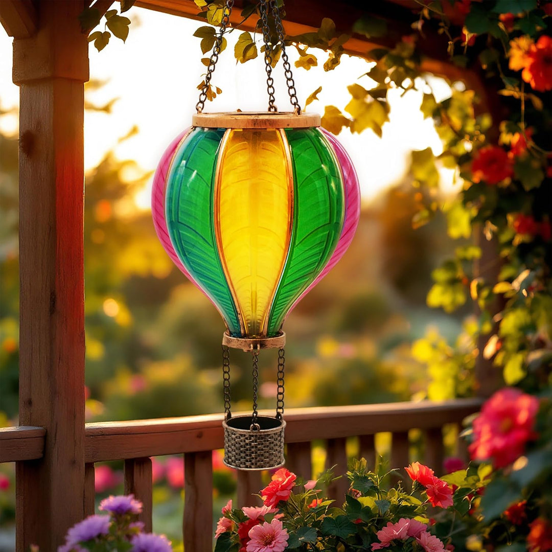 Solar LED Heissluftballon Lampe bunt zum Hängen - 45 cm - Garten Lichtspiel mit Flammen Effekt warm