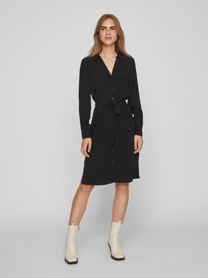 Vila Damen Vifini L/S Midi Shirt Dress-Noos Blusenkleid 34 Schwarz, 34 Schwarz