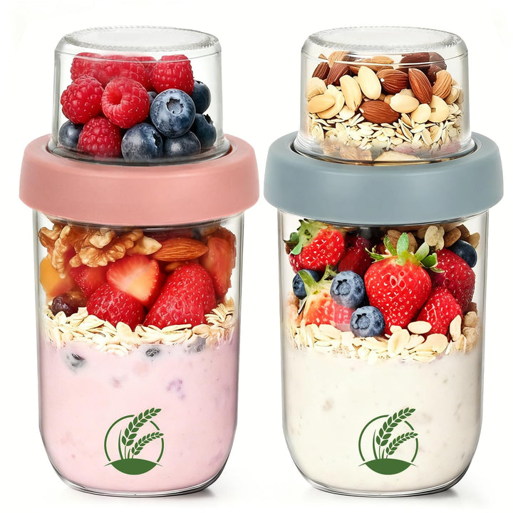2er Müslibecher to go, 500 ml+120ml Overnight Oats Gläser, Doppelwandiger Glasbehälter mit Deckel, J