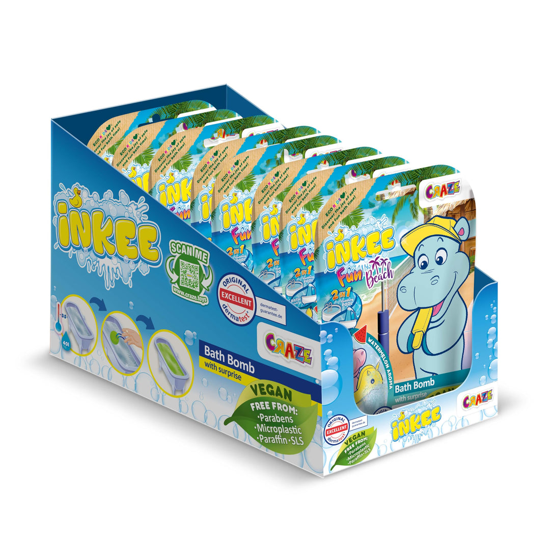 INKEE Fun Beach 8er Multipack | 8x Badekugeln Kinder mit Überraschung, Badebomben Kinder mit Hippo F