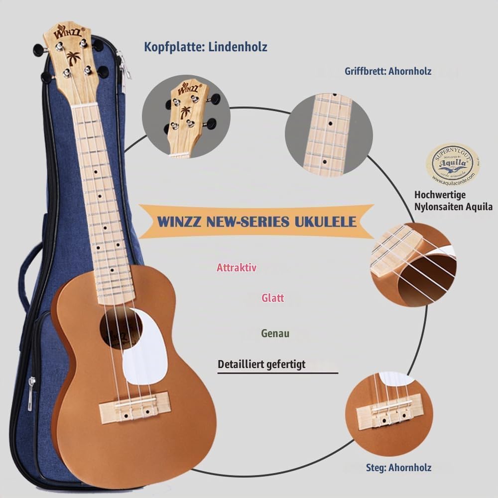 Winzz Ukulele Erwachsene Anfänger Set, Konzert Ukulele 23 Zoll, Ukulele Kinder Einsteiger Kit mit 9
