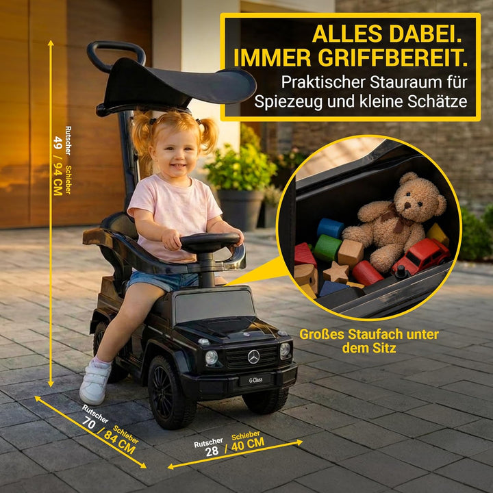 Actionbikes Motors Lauflernwagen Mercedes G350d | Rutschauto mit Schiebestange Schutzbügel Sonnendac
