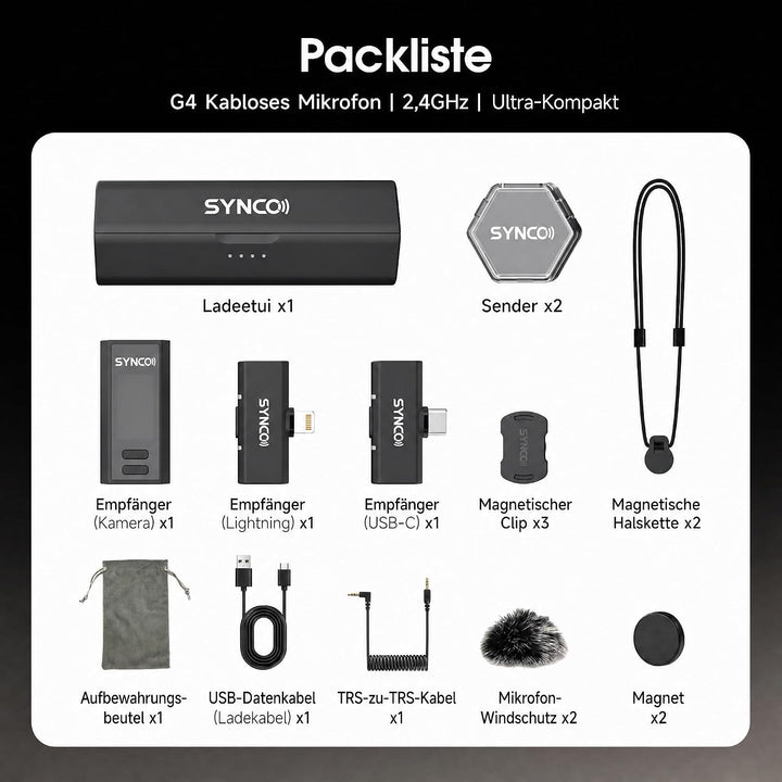SYNCO G4 Kabelloses Lavalier-Mikrofon für iPhone7-17/Android/Kamera, 2,4 GHz Dual-Channel, 20 h Akku