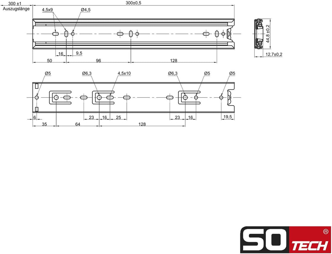 SOTECH 1 Paar Vollauszüge KV1-45-H45-L300-NF-MS 300 mm Standardausführung, Traglast 45 kg, Teleskops
