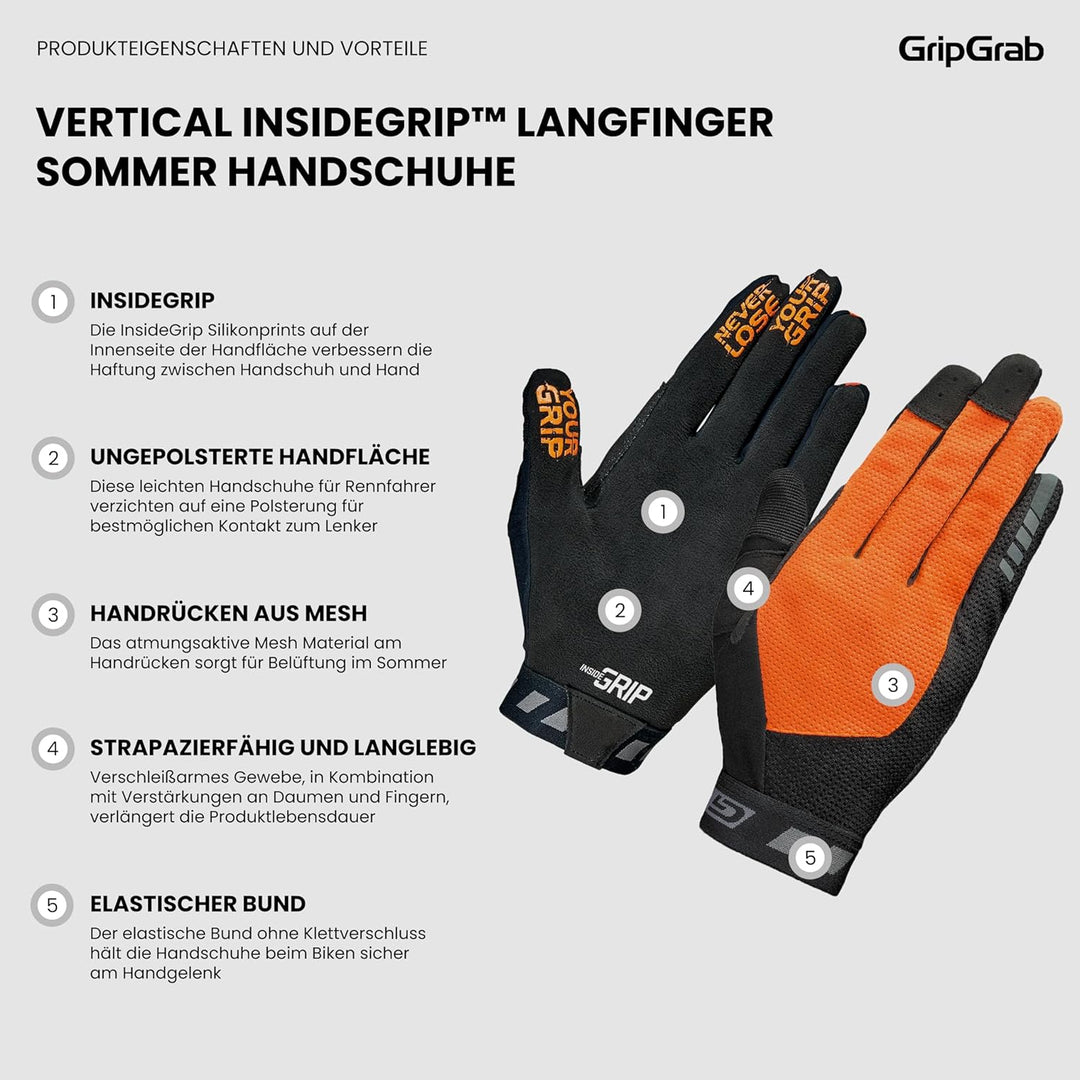 GripGrab Vertical InsideGrip Langfinger Profi MTB Handschuhe Ungepolsterte Rutschfeste Vollfinger Ra