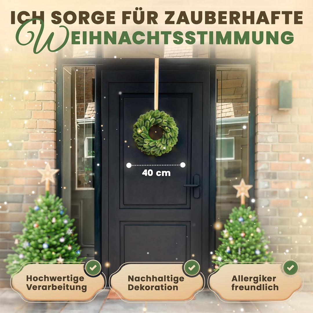 ArtiTree - Beleuchteter Weihnachtskranz für Tür - Adventskranz mit LED, Weihnachtsdeko für Aussen un