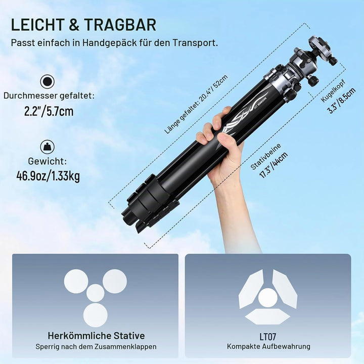NEEWER LITETRIP LT07 61" Aluminium Reisestativ für Kamera mit Schwenk Neige Kugelkopf, Arca QR Platt
