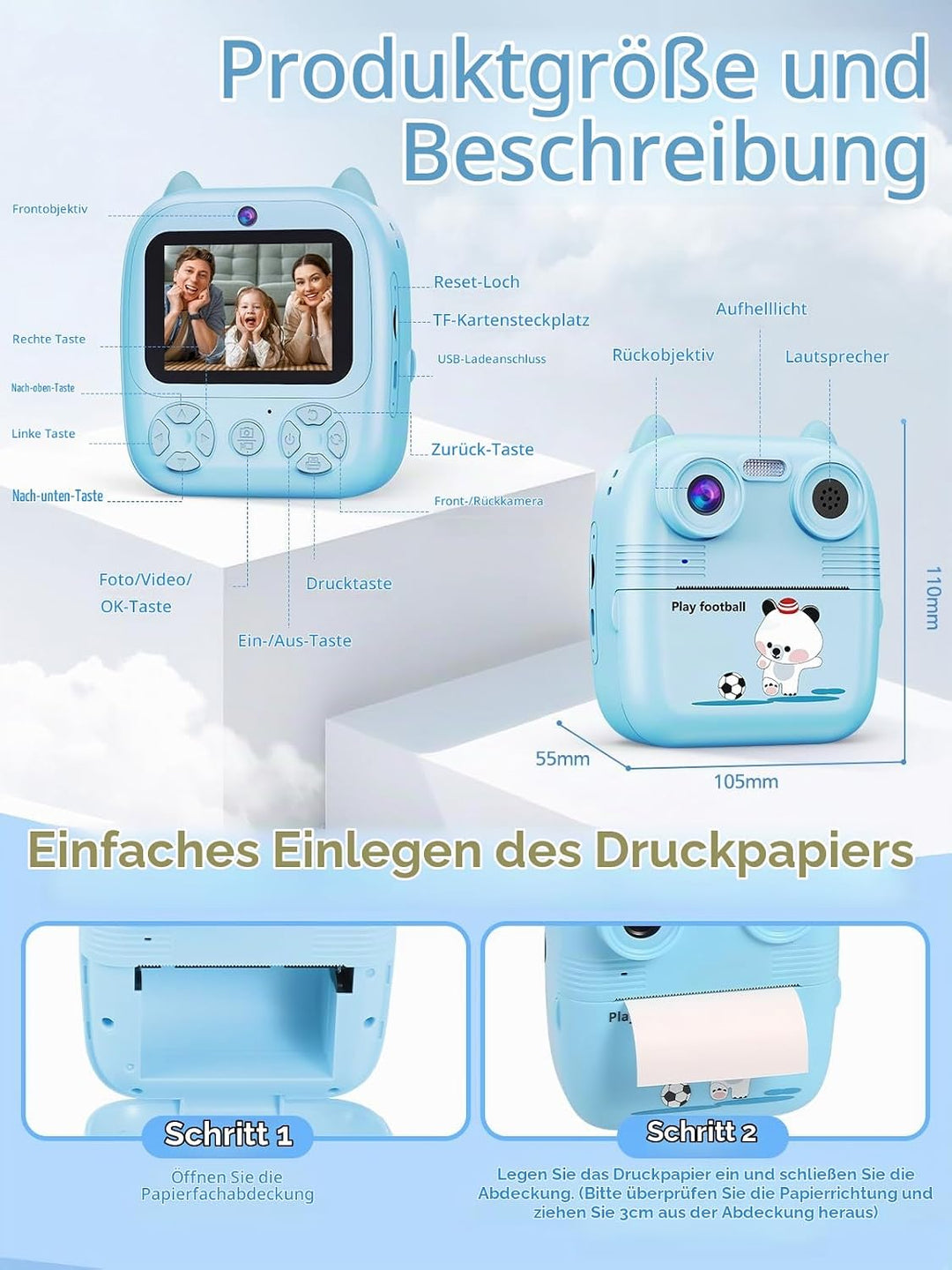 Sofortbildkamera Kinder, 1080FHD 48MP Dual-Kameraobjektive Kinderkamera, mit 4 Druckpapier 2,4 Zoll