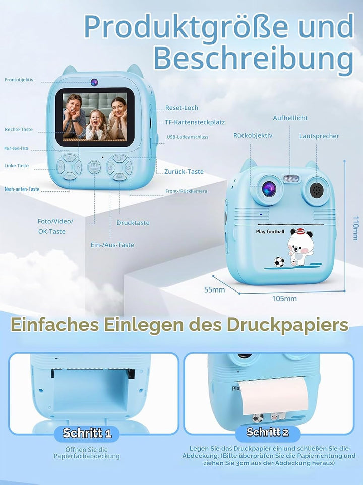 Sofortbildkamera Kinder, 1080FHD 48MP Dual-Kameraobjektive Kinderkamera, mit 4 Druckpapier 2,4 Zoll