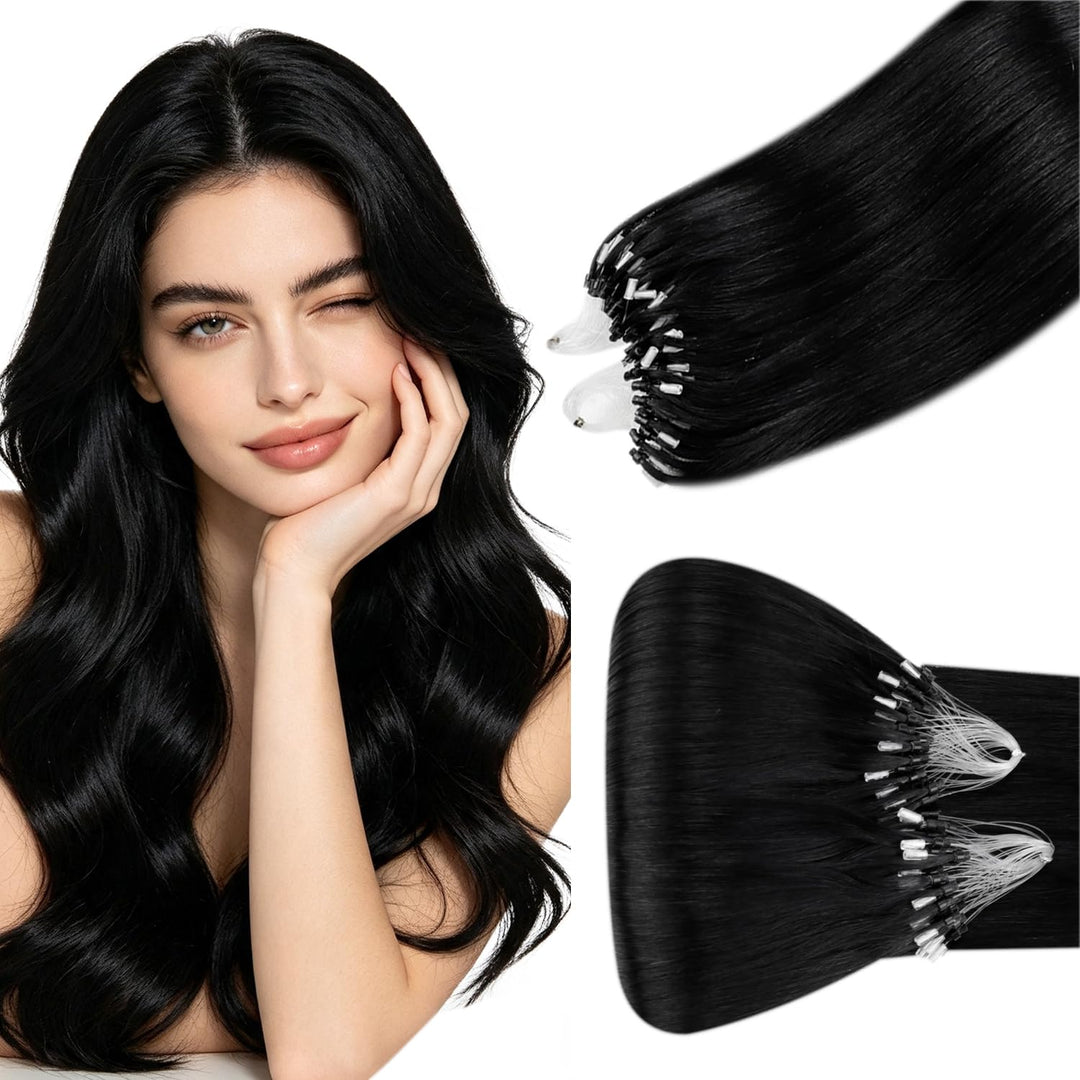 Hetto Microring Extensions Echthaar 45cm 50g Schwarz Haarverlängerung Microring Echthaar Extensions