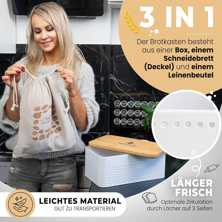 Generisch WOLLIS ORDNUNG Brotkasten I Brotbox aus Metall mit Leinenbeutel I hochwertiger stabiler Ba