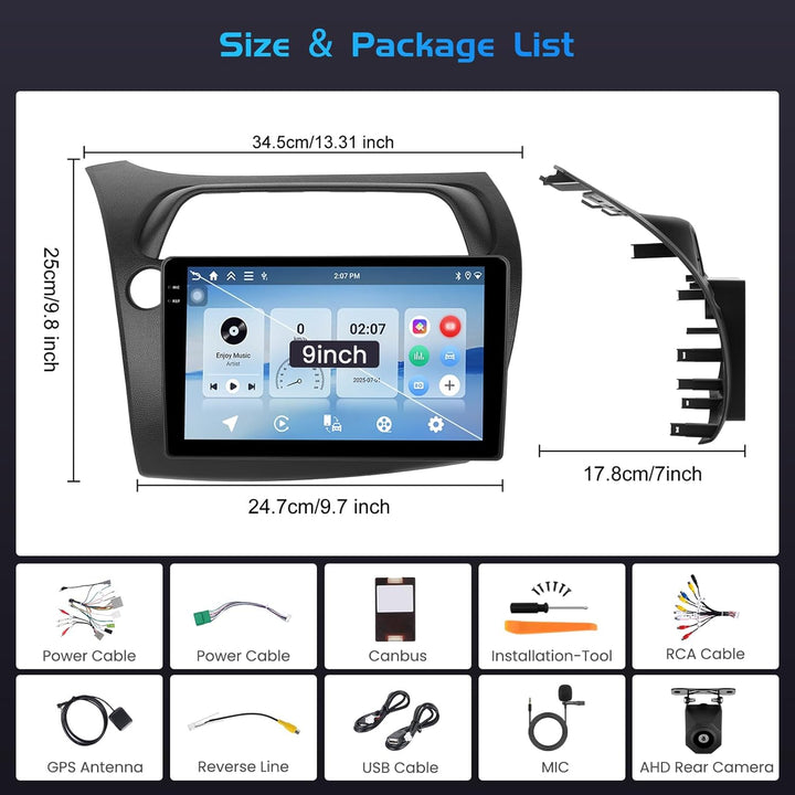 Inefala 4+64G Autoradio für Honda Civic VIII 2006-2011 Android 15 mit 9'' In-Cell Bildschirm Unterst
