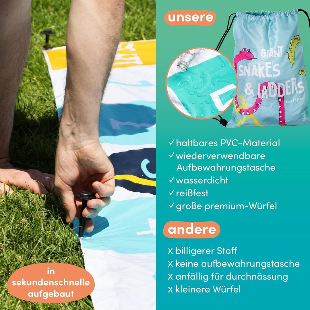 THE TWIDDLERS XXL Schlangen und Leitern Riesenspiel (3x3m) - Wasserfeste Outdoor Spielmatte für Kind