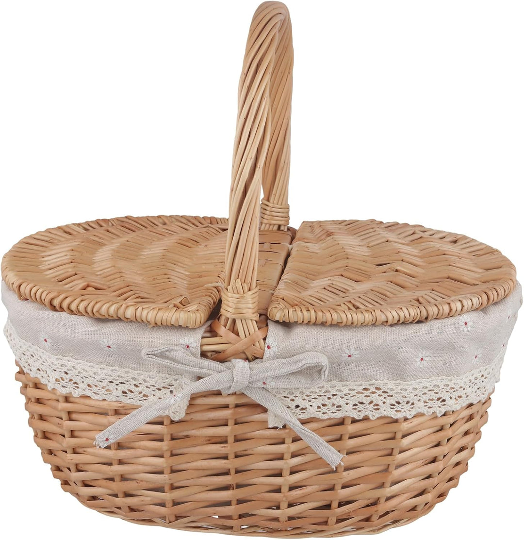CHEUKYIU Handgefertigter Weidenkorb mit Deckel, 34 x 23 x 17cm Natürliche Braune Einkaufskorb Gefloc
