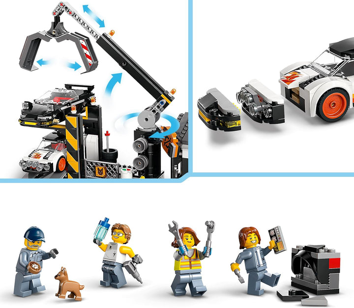 LEGO City Schrottplatz mit Autos - Spielzeug mit Schrottpresse und Kran, 2 Spielzeugautos, 4 Arbeite