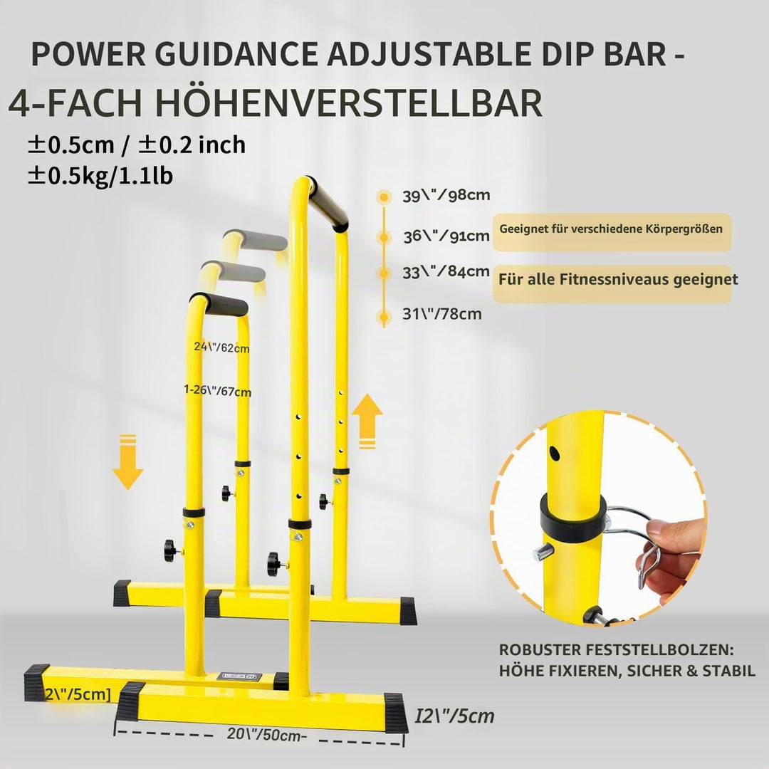 POWER GUIDANCE Dip Barren Dip Bar Quadratische breite Stützfüsse Einstellbare Höhe 77cm 84cm 91cm 98