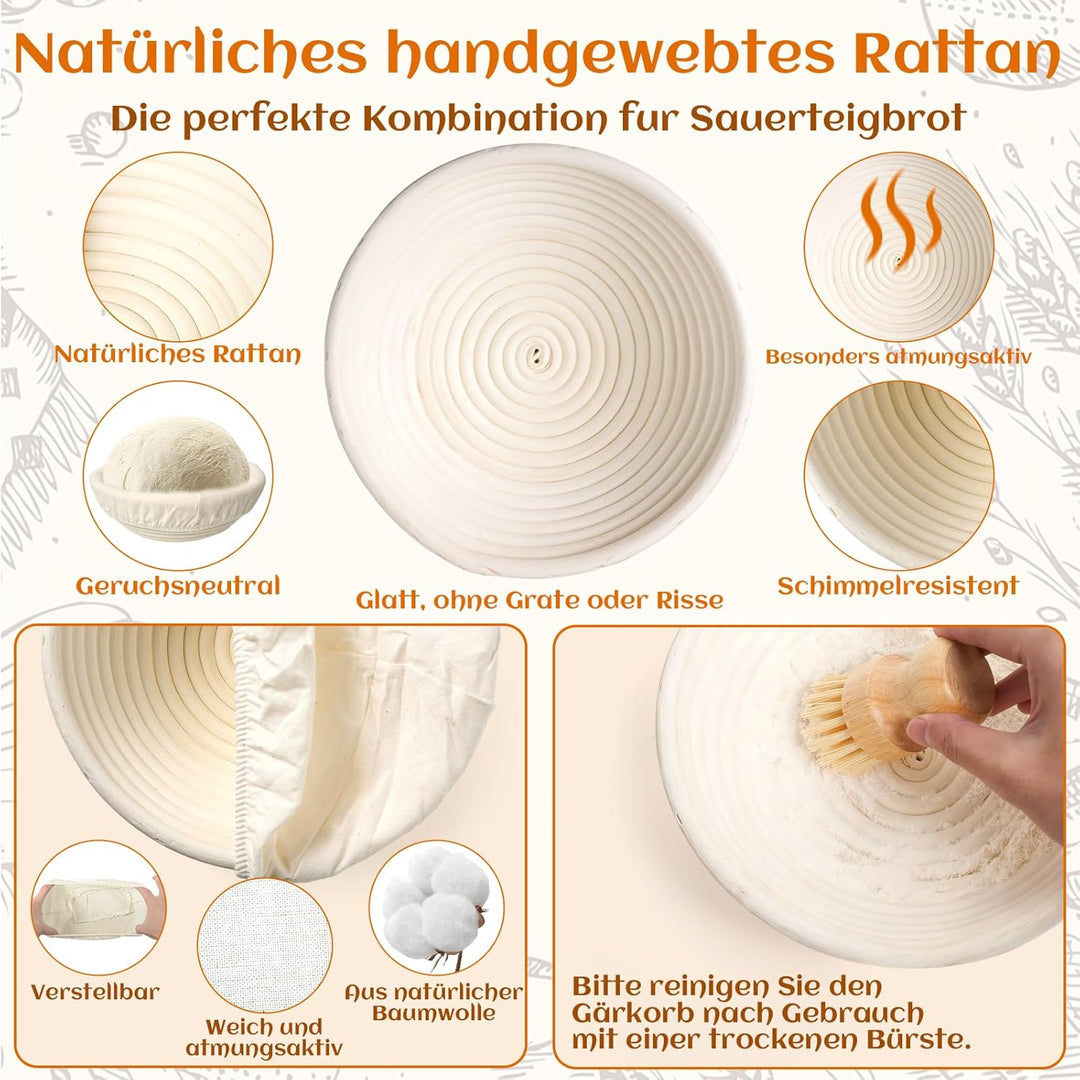 Gärkörbchen Für Sauerteig Starter Set, Gärkorb (23cm rund & 25cm oval),100% natürlichem Rattan, inkl