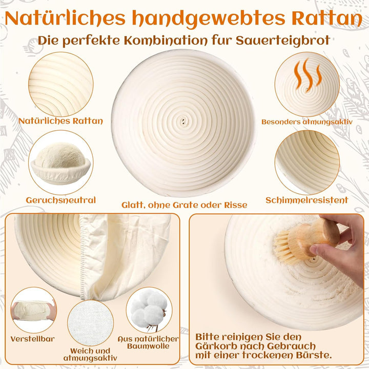 Gärkörbchen Für Sauerteig Starter Set, Gärkorb (23cm rund & 25cm oval),100% natürlichem Rattan, inkl