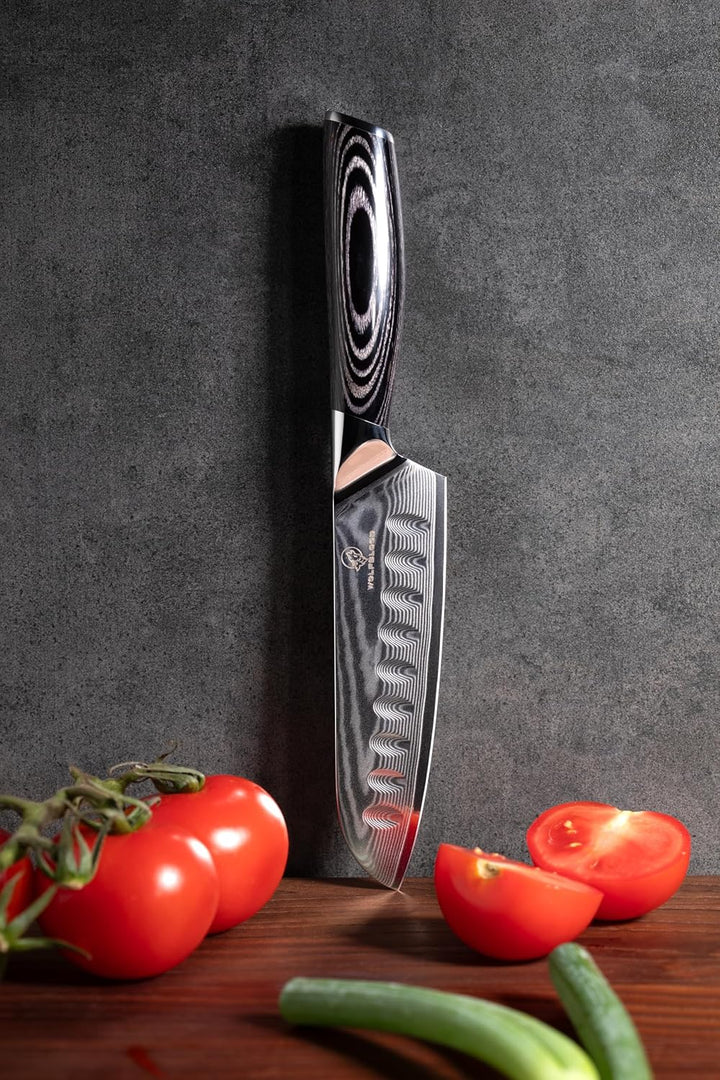 Wolfblood PRO Damastmesser Damast-Küchenmesser L (23cm) Profi Santoku Messer aus echtem 67 Lagen Dam