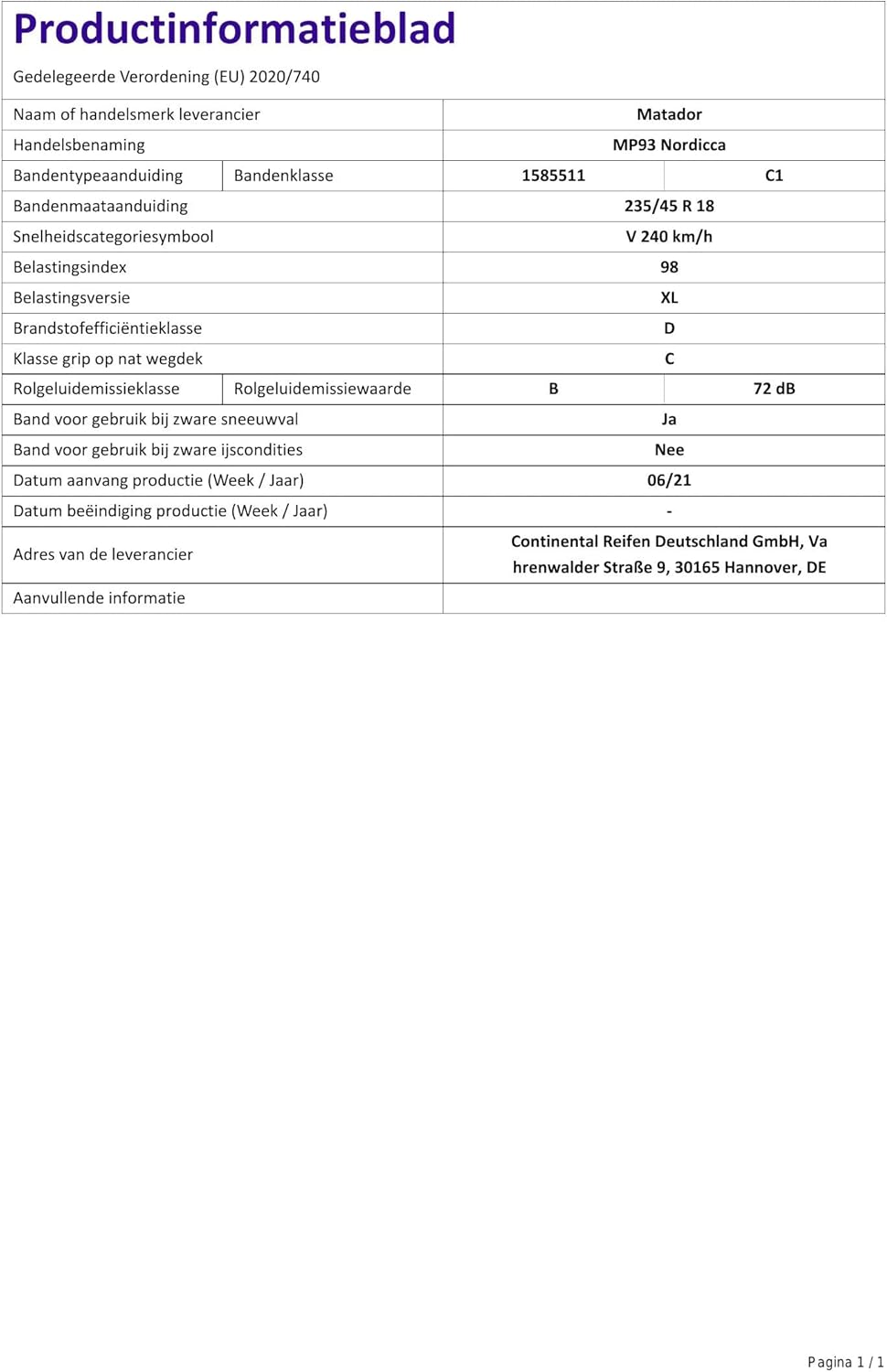 MATADOR MP93 NORDICCA XL - 235/45R18 98V - E/C/72dB - Winterreifen