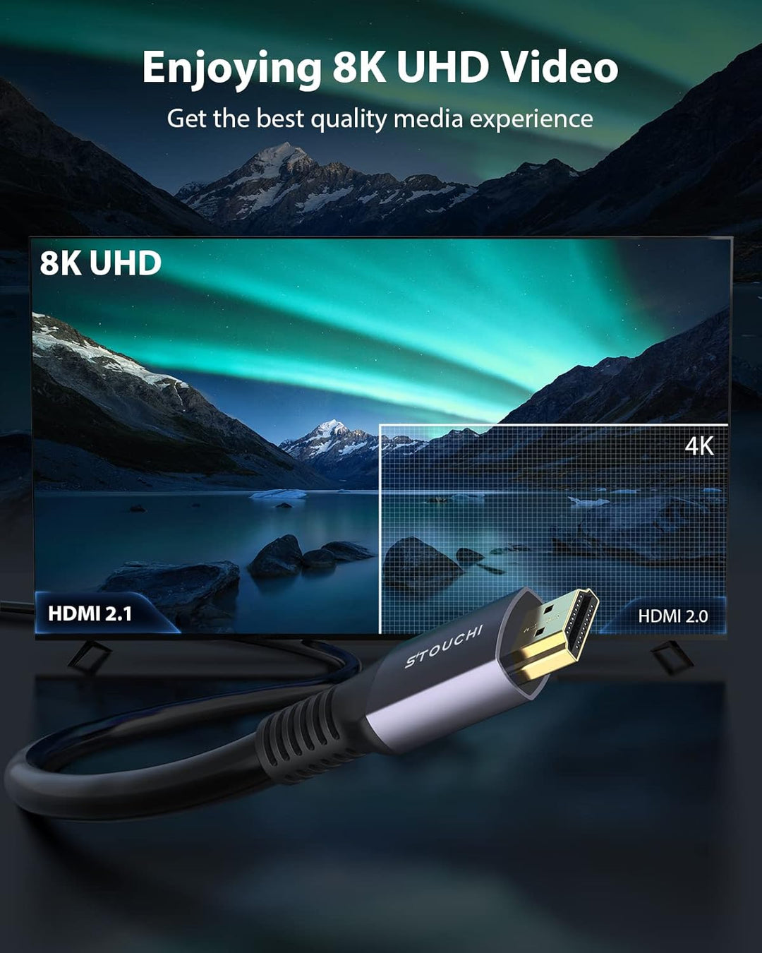 Stouchi HDMI 2.1 Kabel 8K 6m, Ultra HD 48 Gbit/s Hochgeschwindigkeit 8K60hz 4K120hz 144Hz 165 Hz RTX